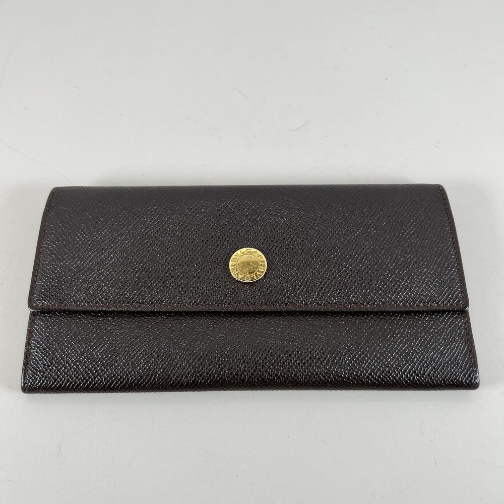 Bvlgari Dark Brown Textured Leather Long Wallet with Gold-Tone Logo Snap Closure